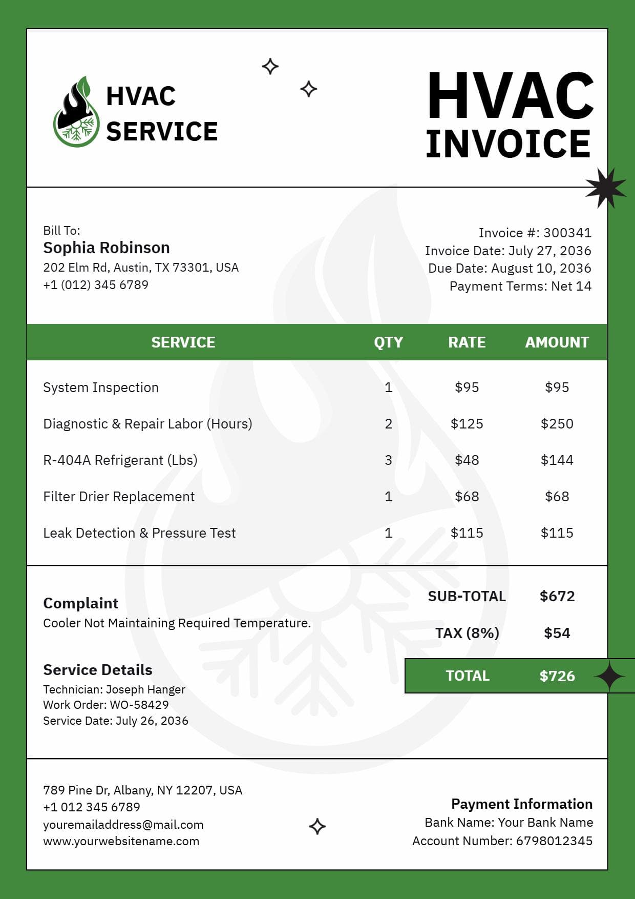 Professional HVAC System Inspection and Repair Billing Invoice Template