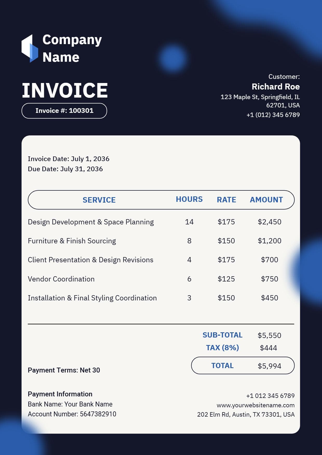 Professional Interior Company Design Service Billing Invoice Template