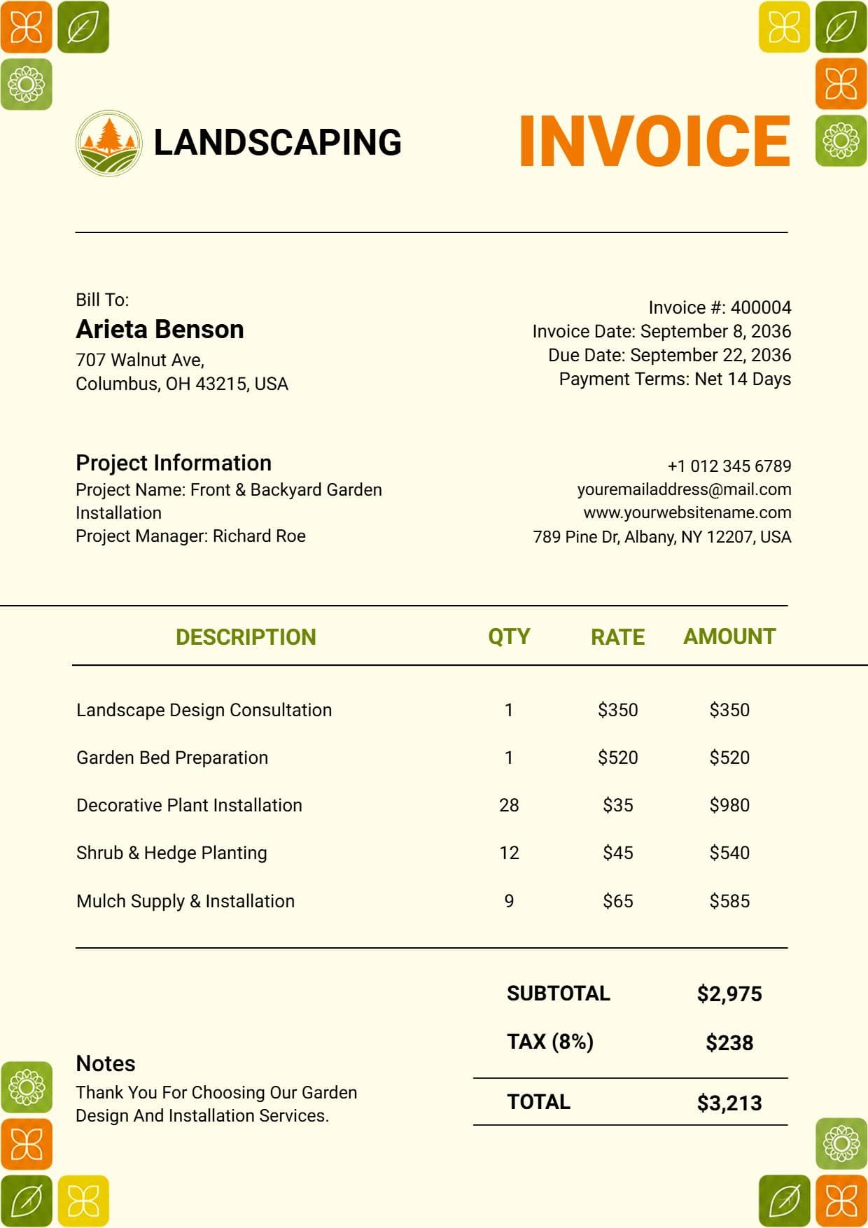 Professional Landscaping Service Billing Invoice Template