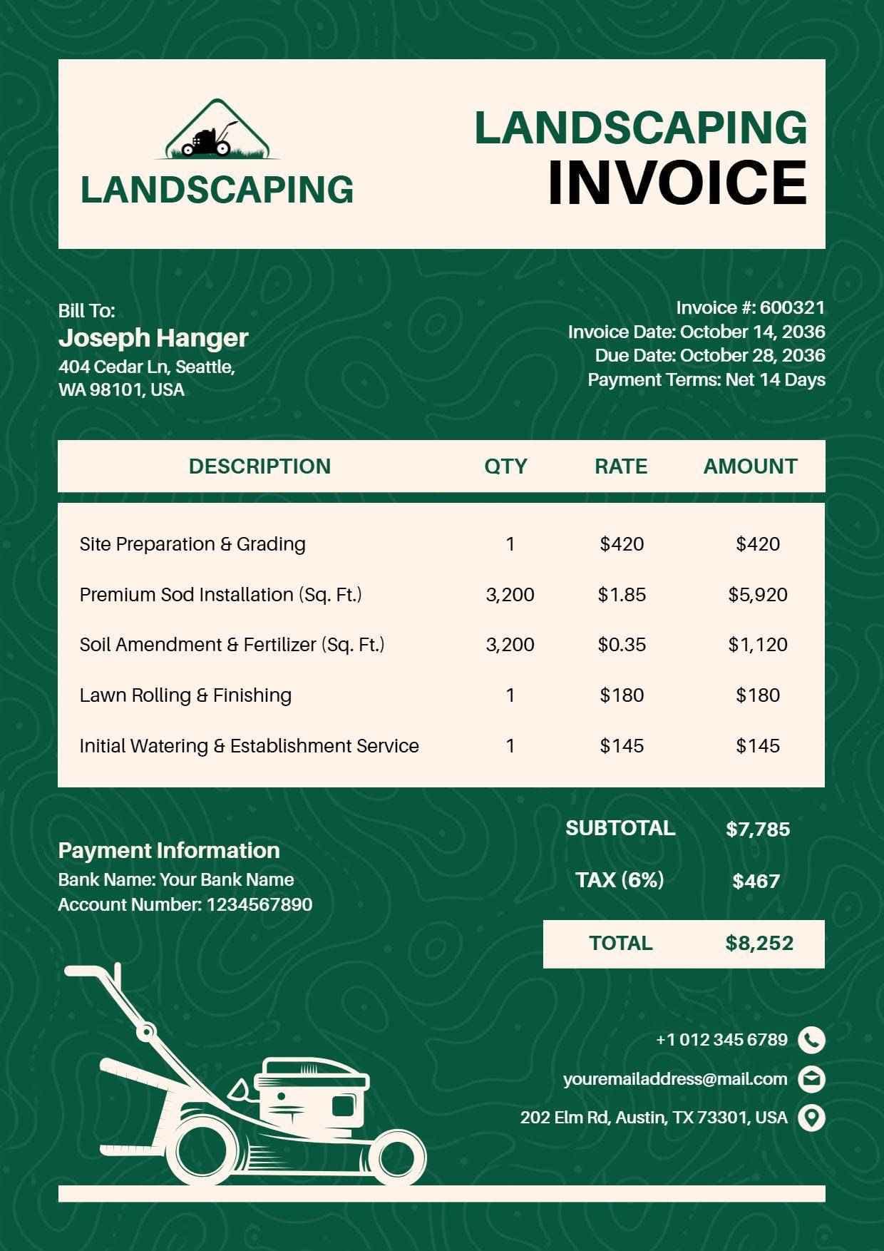 Professional Lawn Care and Maintenance Billing Landscaping Invoice Template