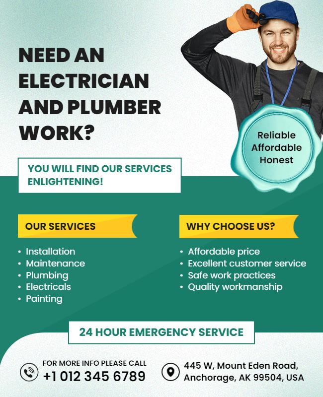 Professional Light Blue Electrician and Plumber Service Poster Template