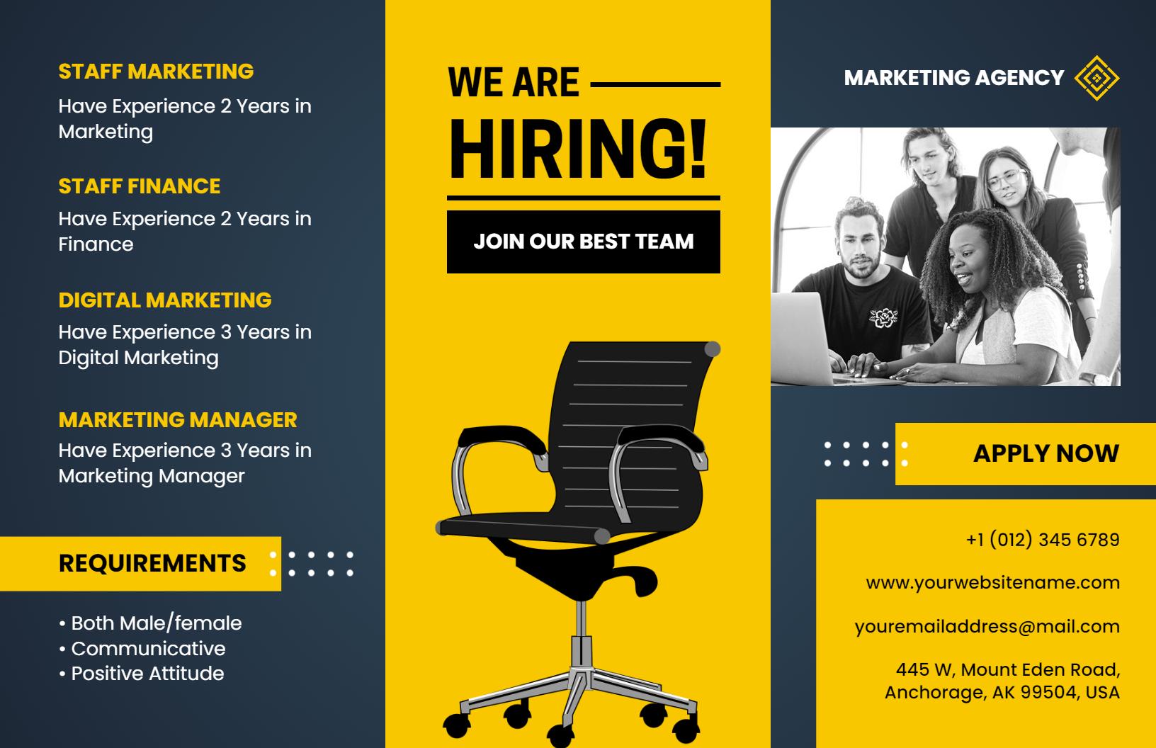 Professional Marketing Agency Job Opportunities Hiring Brochure Template