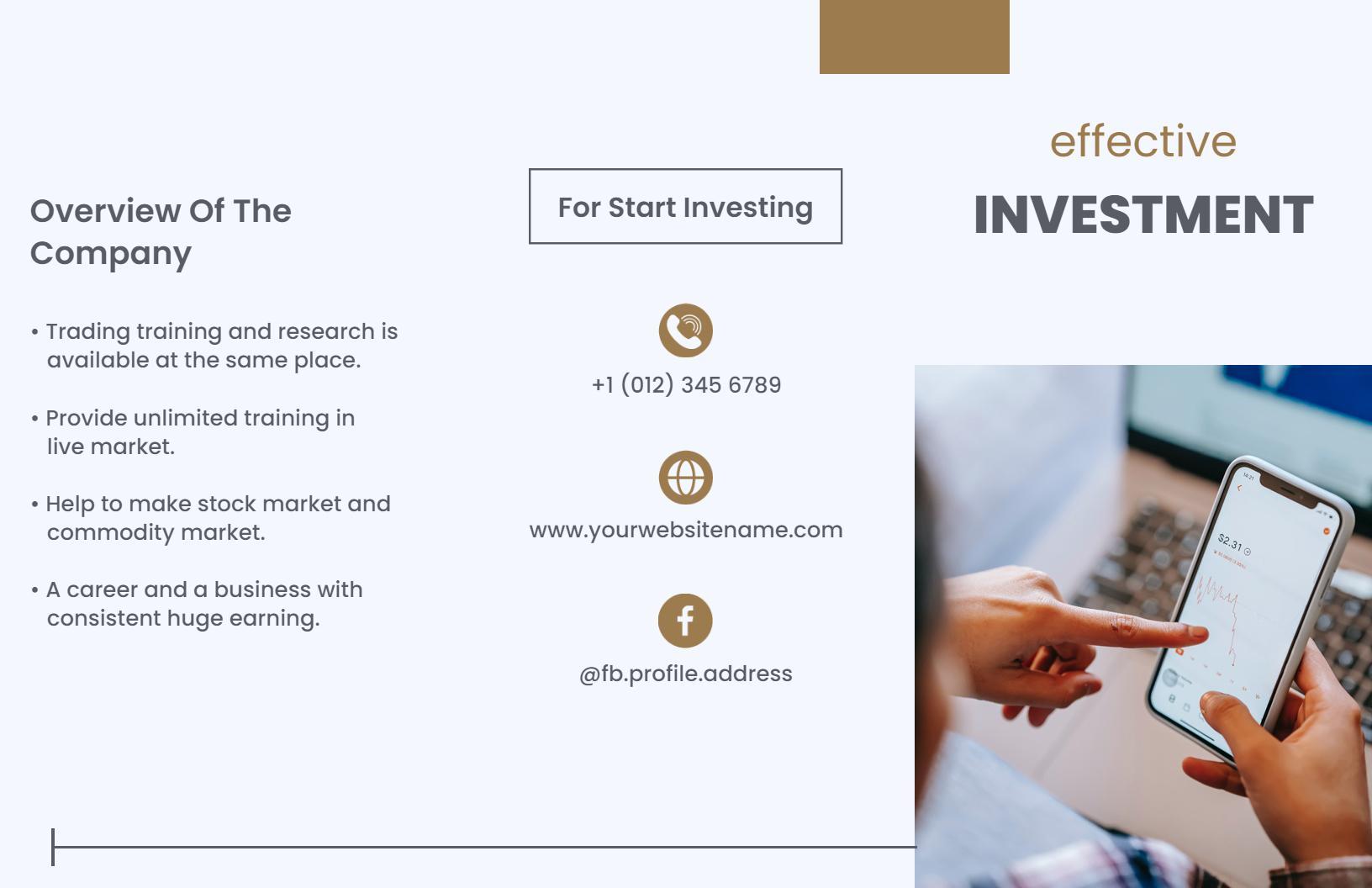 Professional Online Stock Market Education and Investment Tri Fold Brochure Template