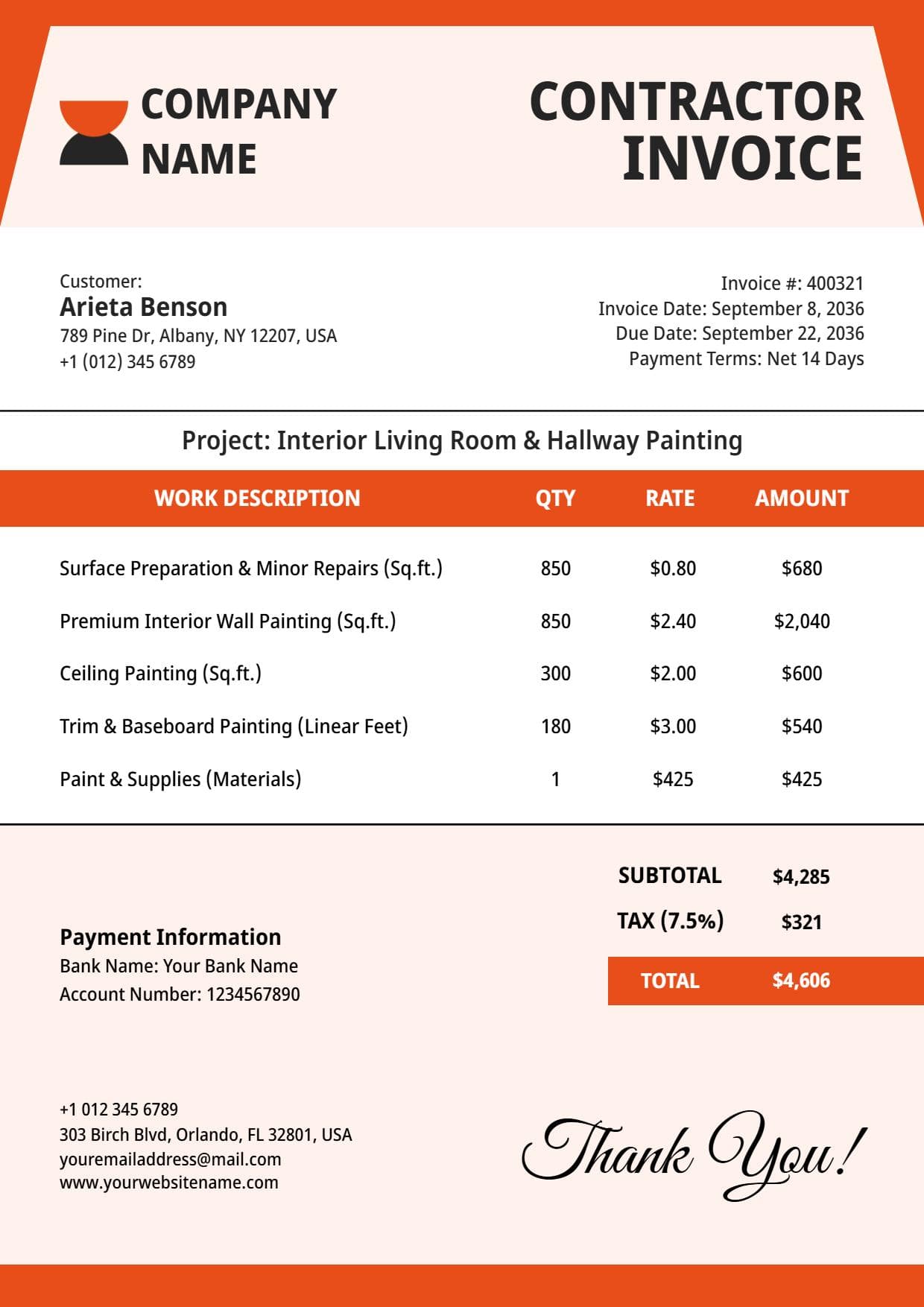 Professional Painting Services Billing Contractor Invoice Template
