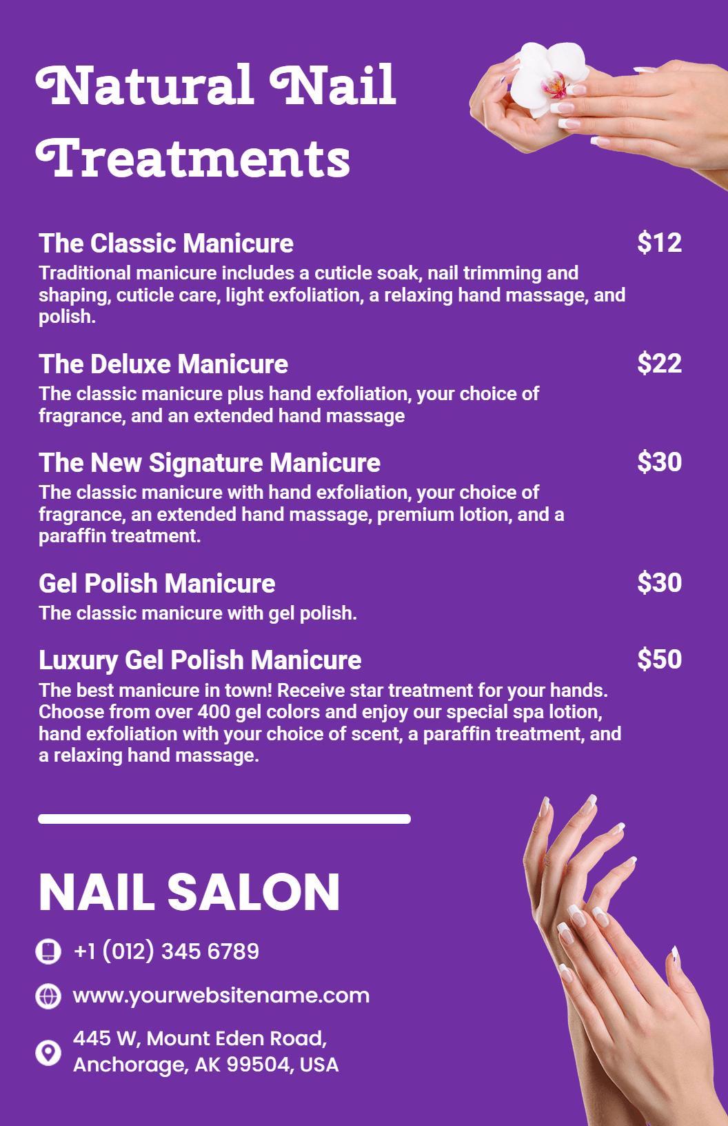 Professional Purple Nail Salon Services List Menu Template
