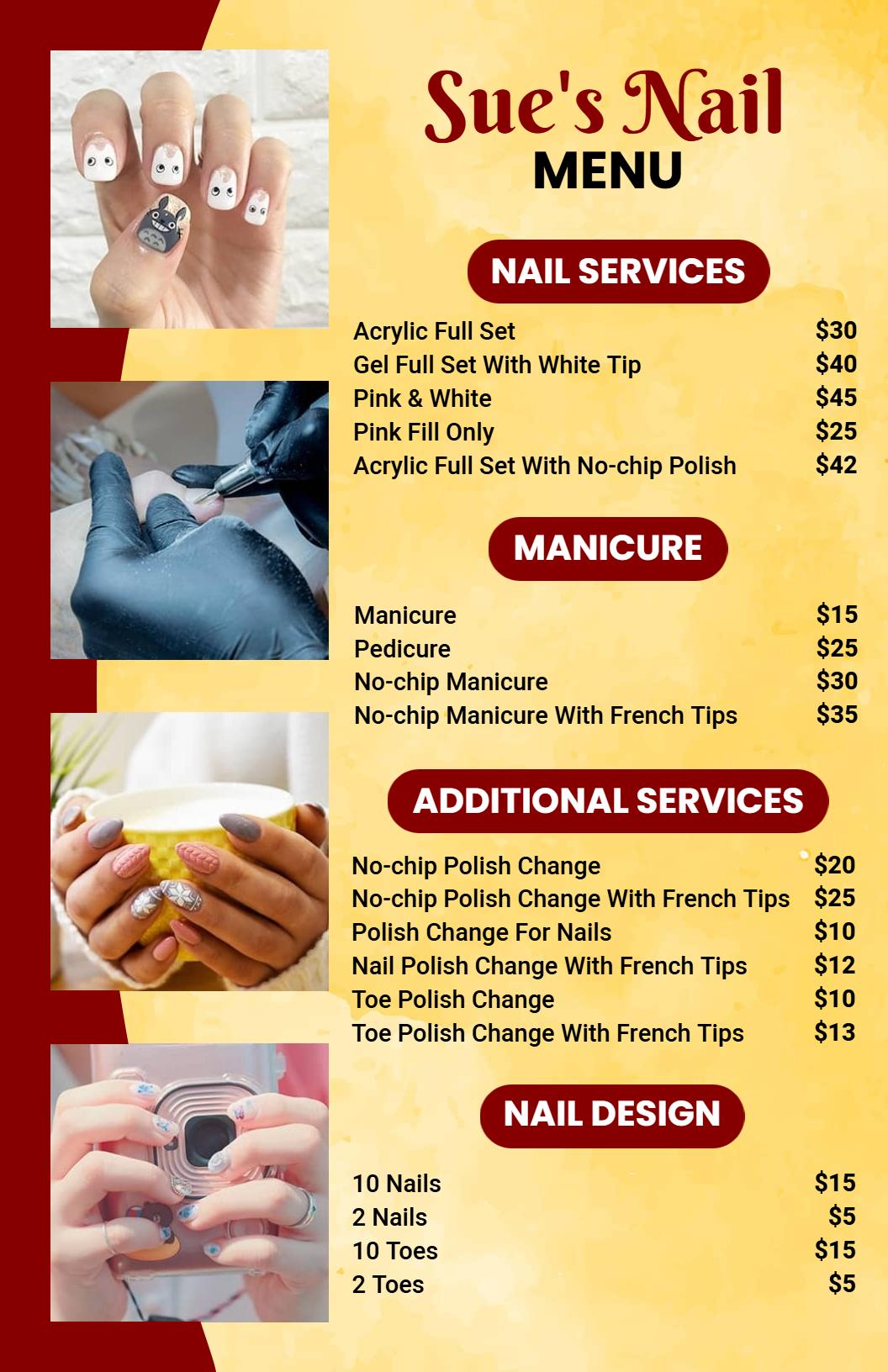 Professional Red and Yellow Nail Spa Service Menu Template