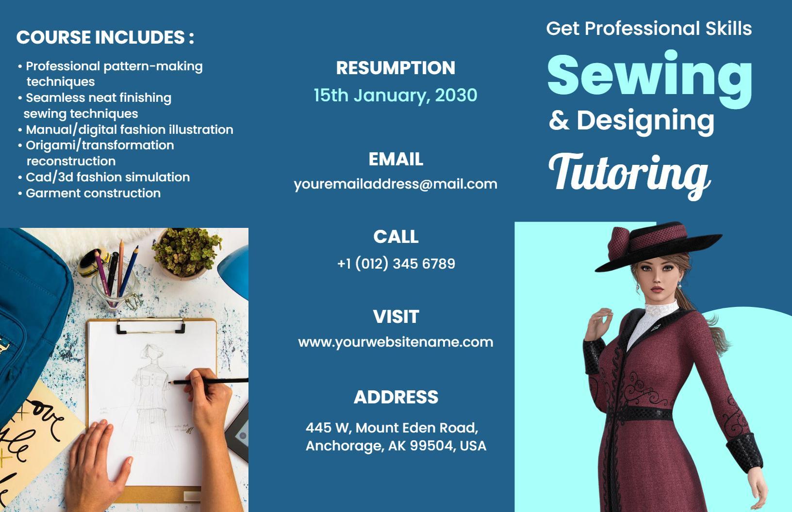 Professional Sewing and Designing Tutoring Skills Brochure Template