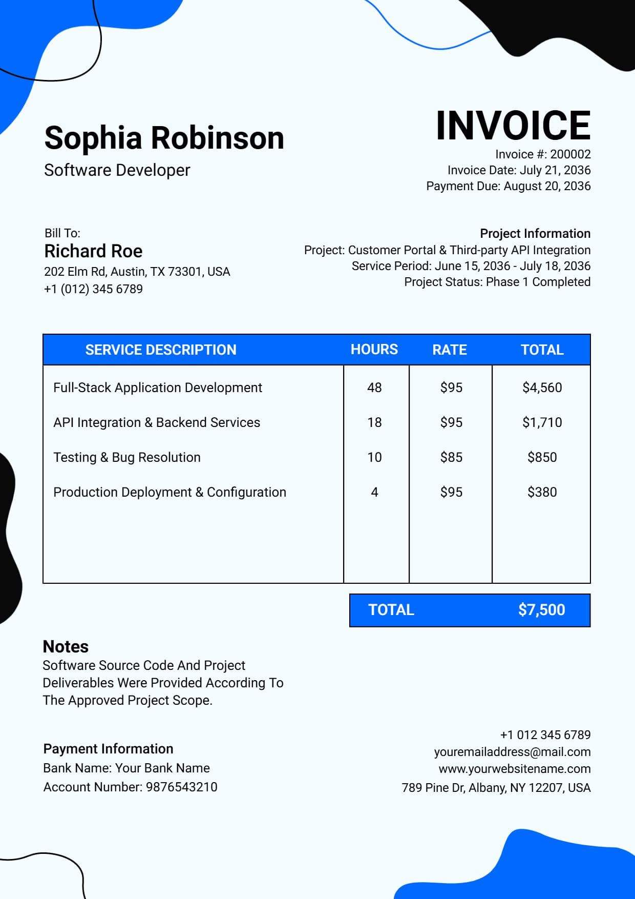 Professional Software Developer Project Service Summary Freelance Invoice Template