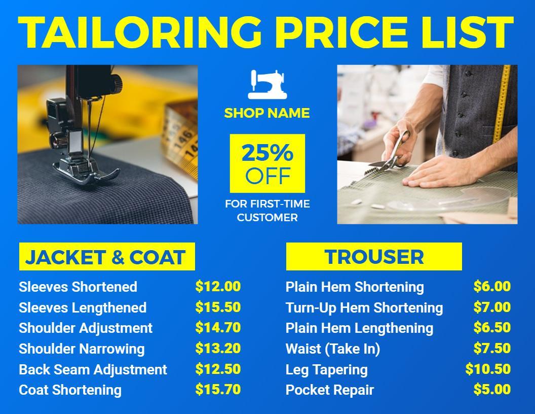 Professional Tailoring and Alterations Price List Template