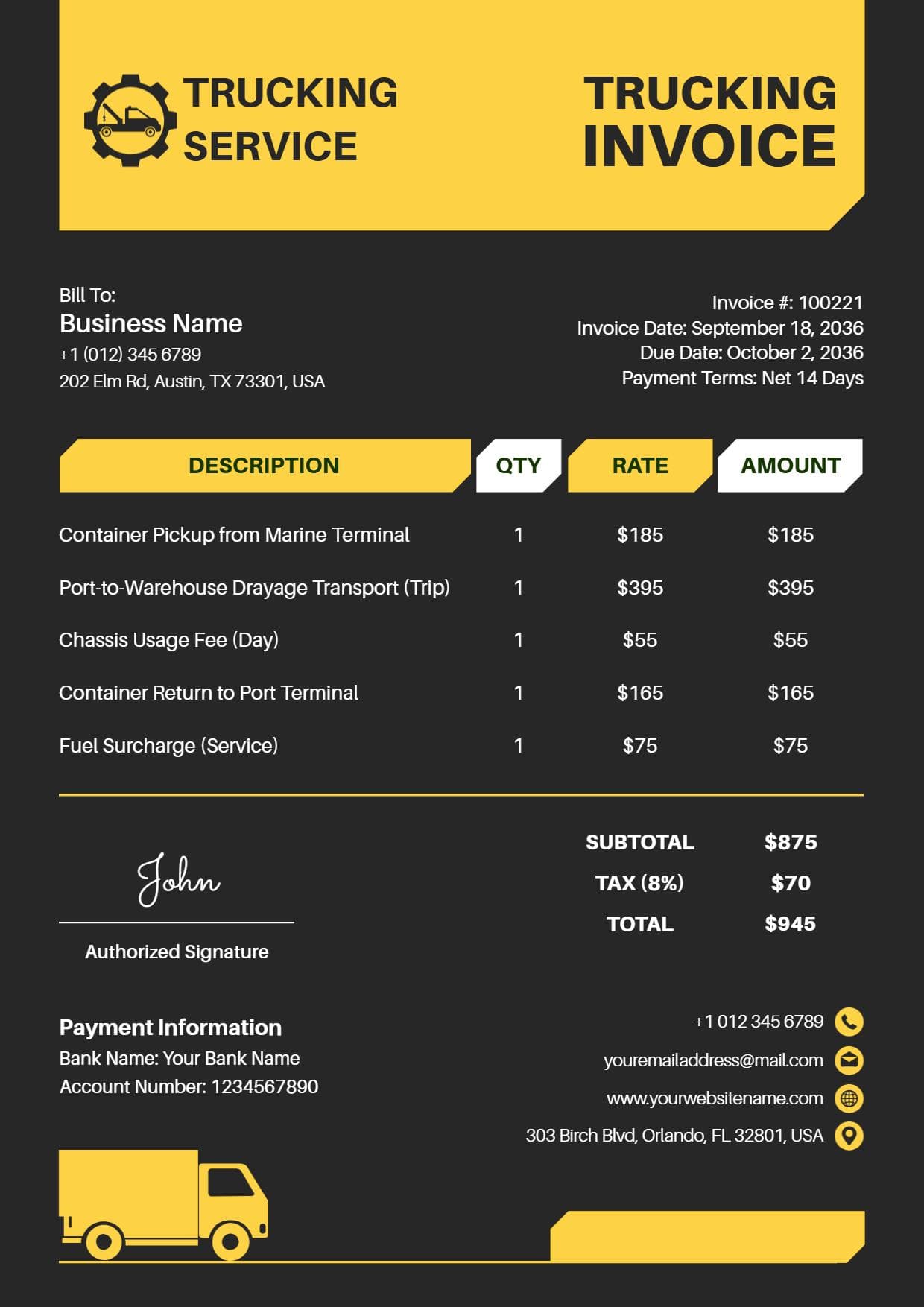 Professional Trucking Service and Container Transport Billing Invoice Template