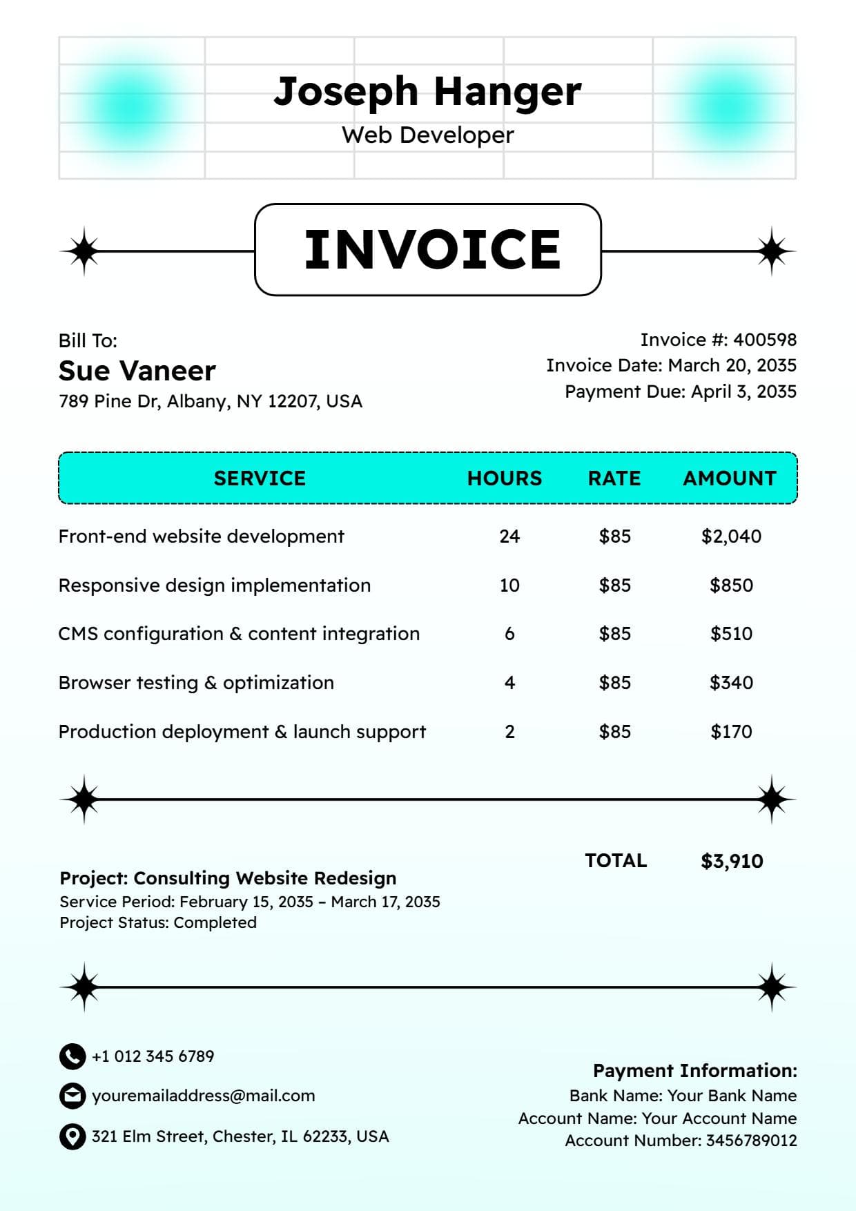 Detailed Freelance Consulting Services with Hourly Rates Invoice Template
