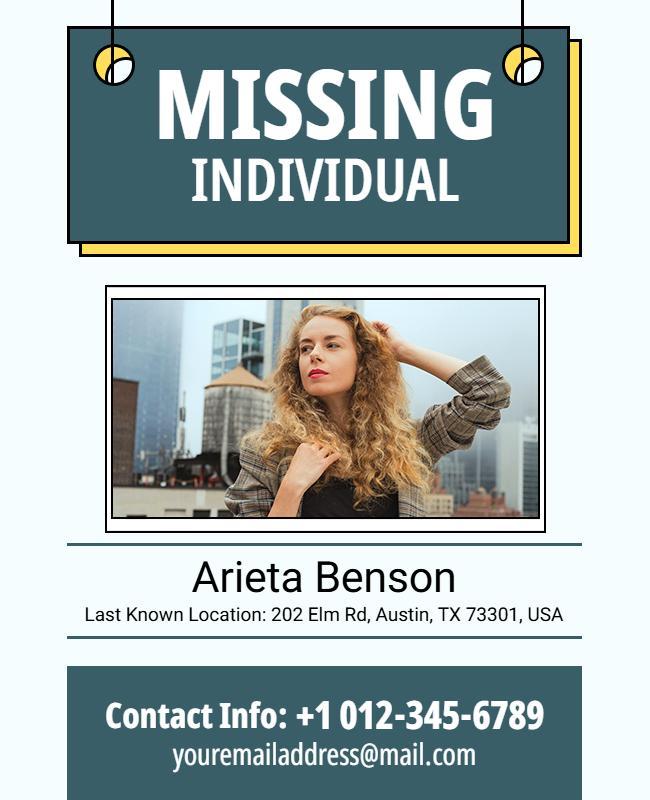 Prominent Missing Individual Notification with Contact Details Poster Template