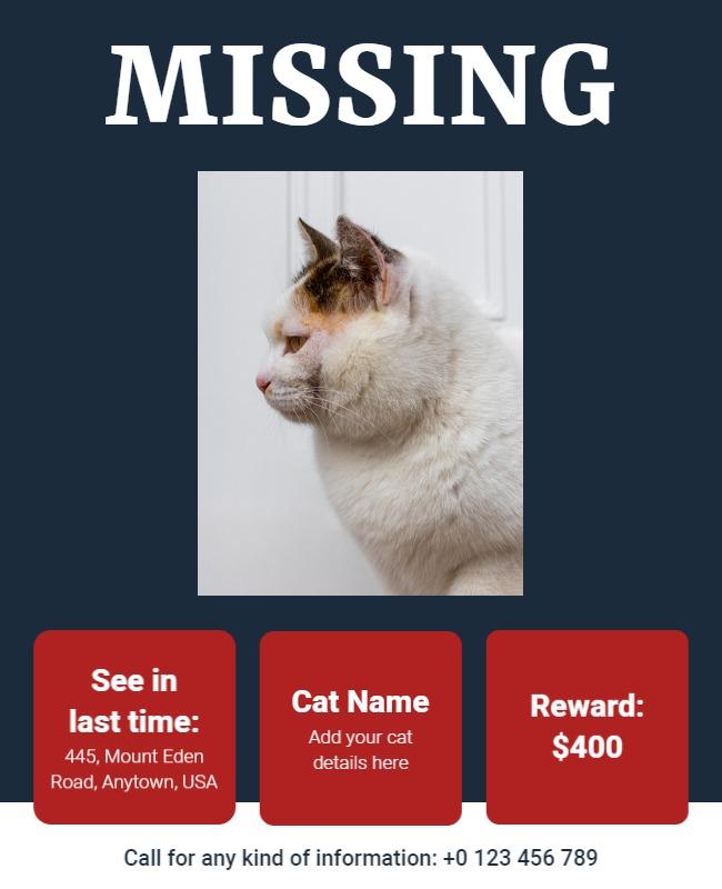 Prominent Missing Pet Alert with Reward Details Poster Template
