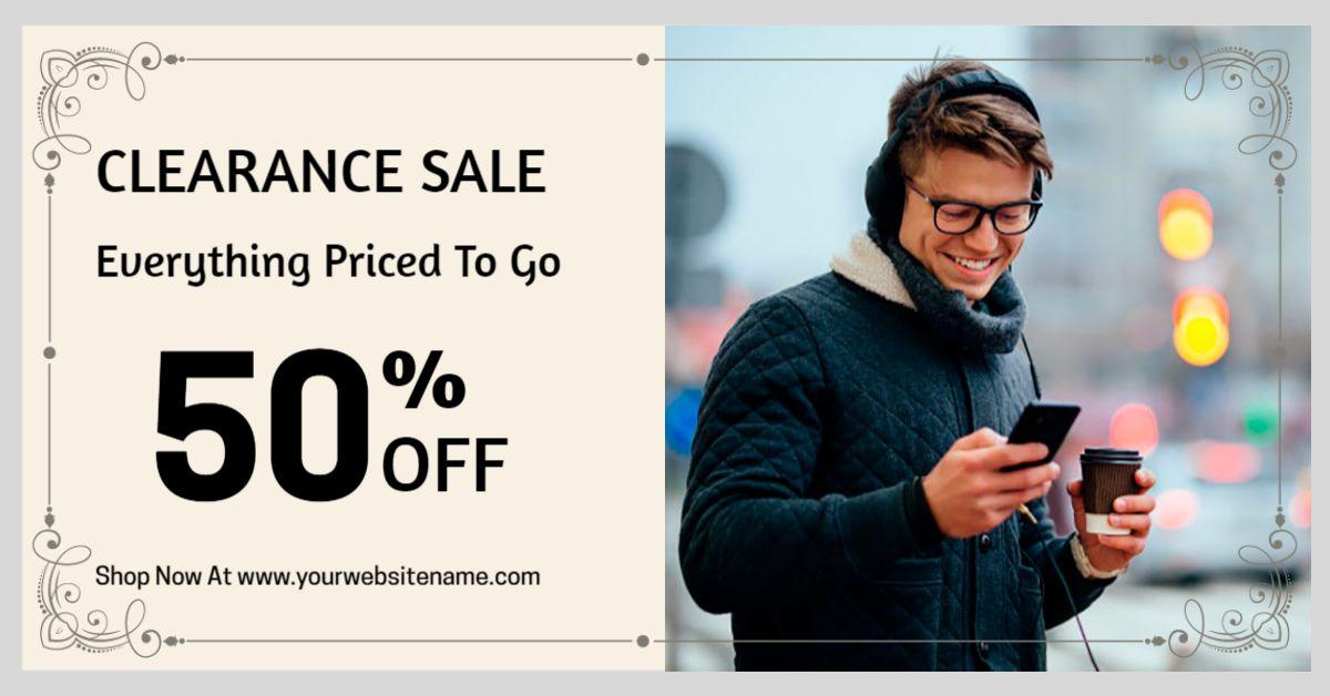 Promotional Clearance Sale with Discount on Beige Facebook Ad Template