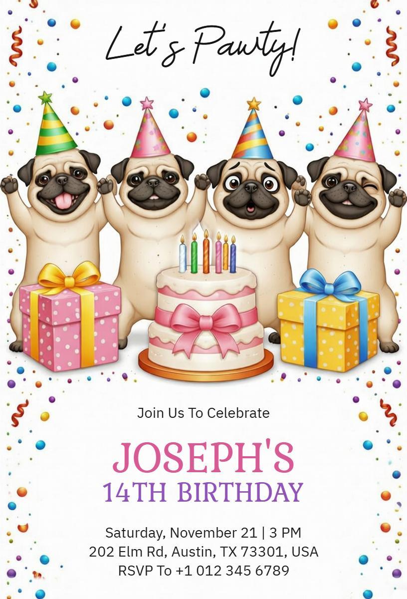 Pug Party Fun Dog Birthday Celebration Invitation Template