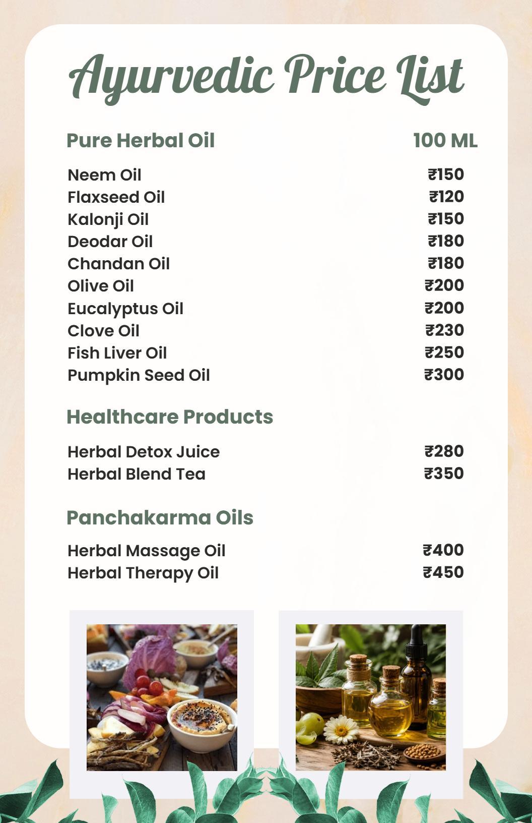 Pure Herbal Oils and Healthcare Products Ayurvedic Price List Template