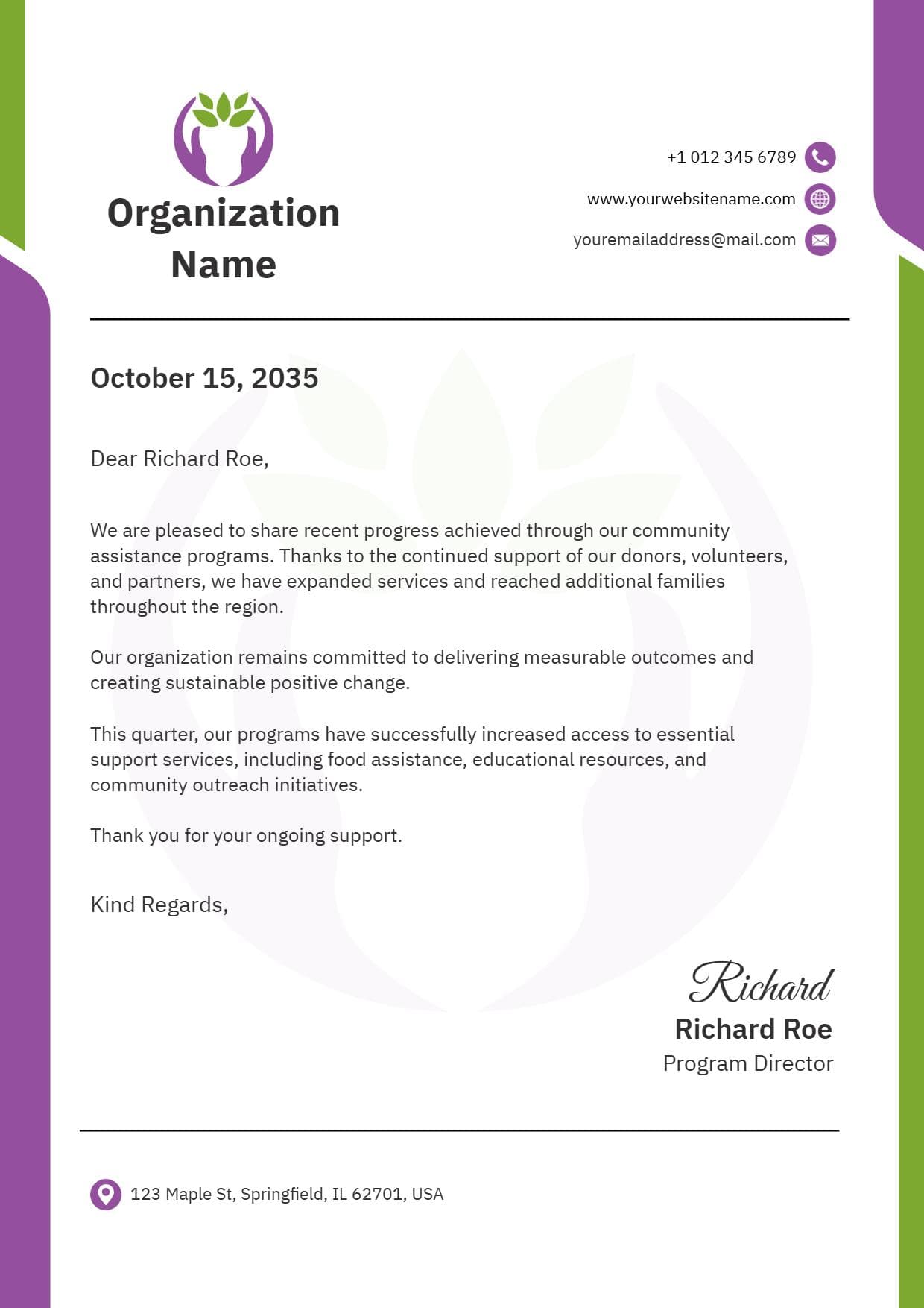 Purple and Green Community Support Non-Profit Letterhead Template