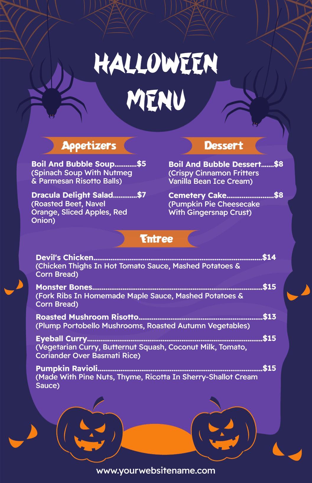 Purple and Orange Halloween-Themed Restaurant Menu Template