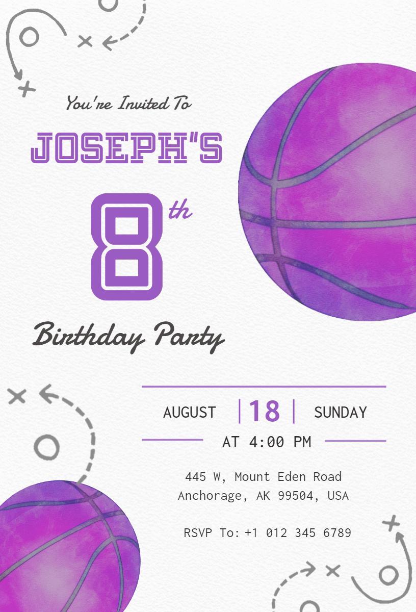 Purple Basketball Theme 8th Birthday Celebration Invitation Template
