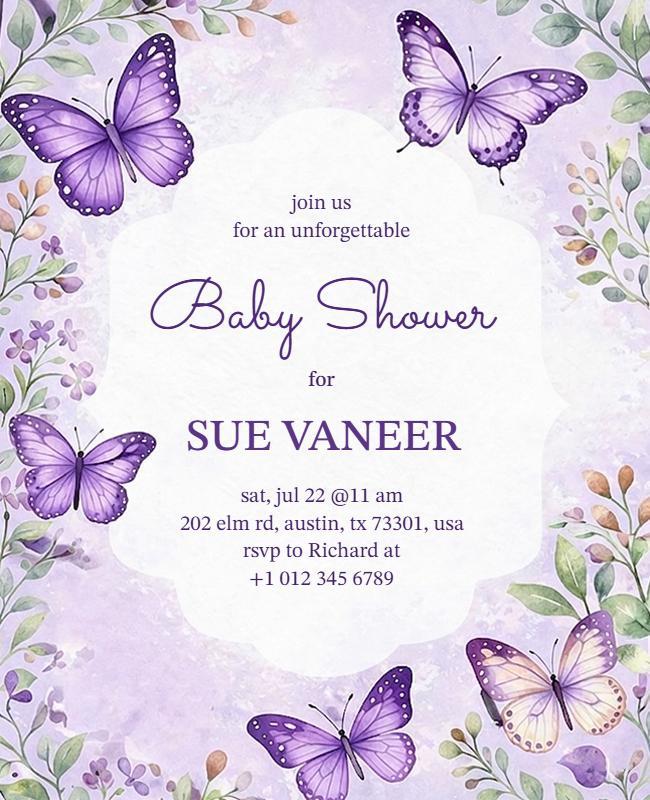 Purple Butterfly Baby Shower Invitation Poster Template