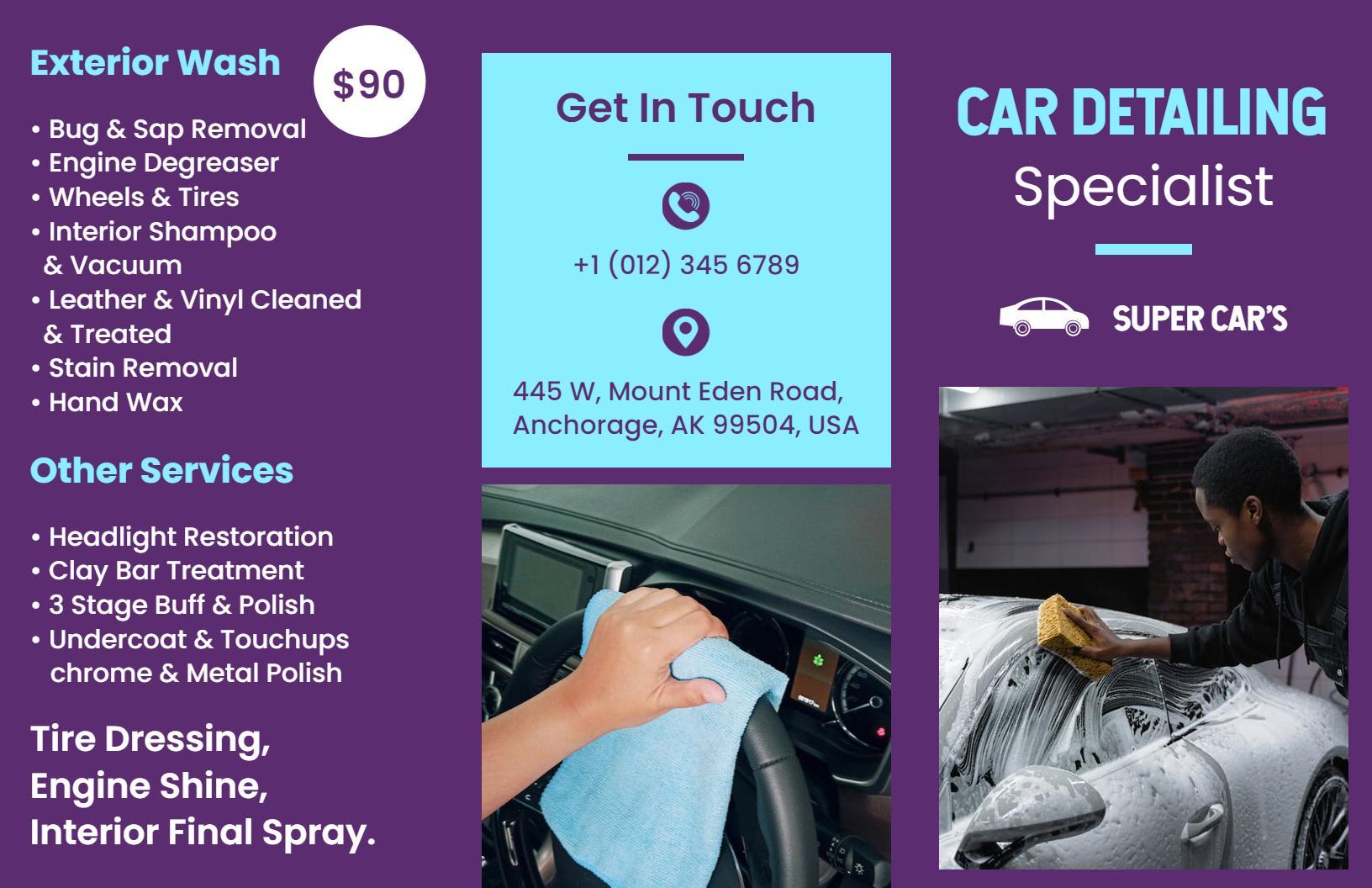 Purple Car Detailing and Exterior Wash Services Brochure Template