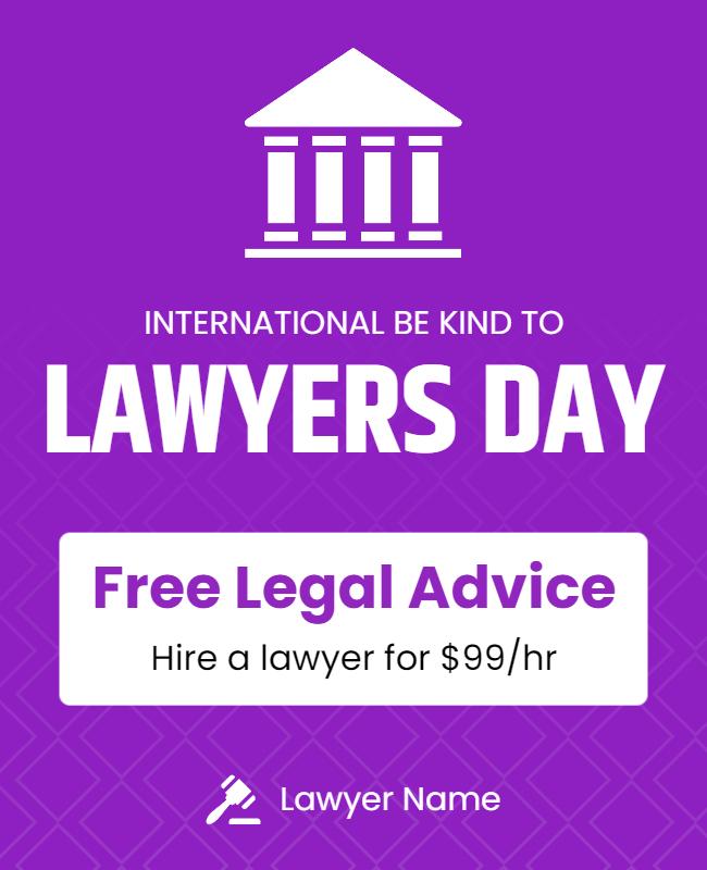 Purple Celebration of Lawyers Day with Free Legal Advice Poster Template