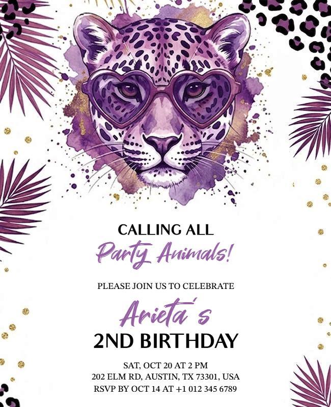 Purple Cheetah Themed Birthday Party Invitation Flyer Template