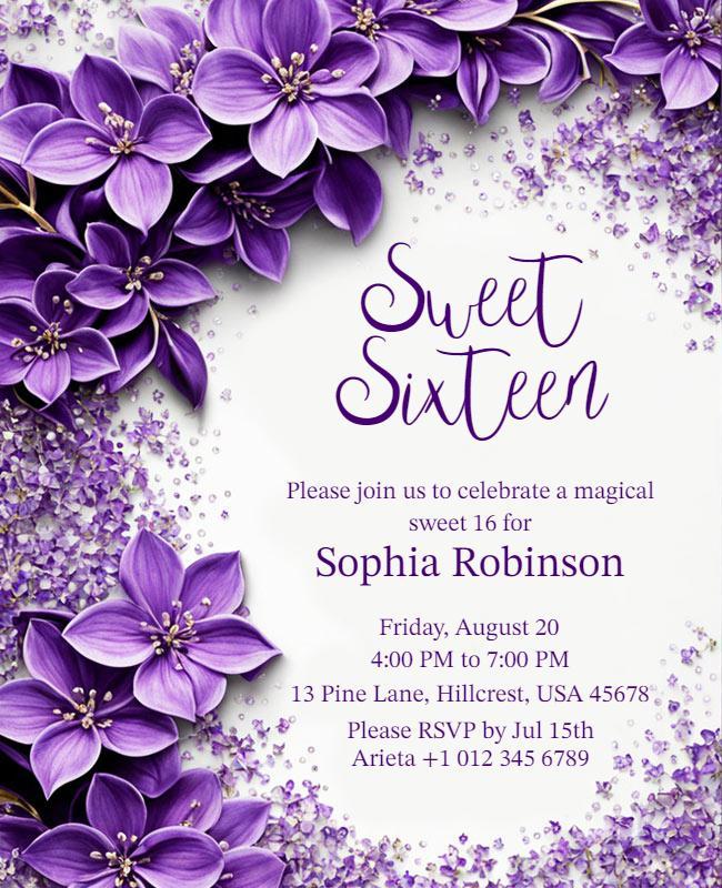 Purple Floral Sweet Sixteen Celebration Flyer Template