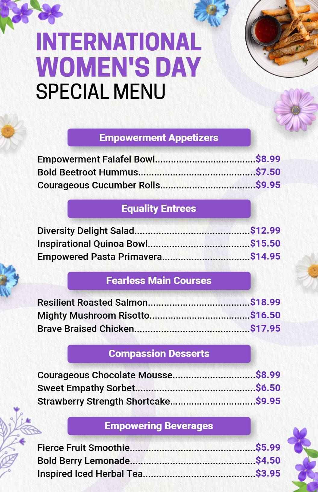 Purple Flower Accents Women's Day Dining Menu Template