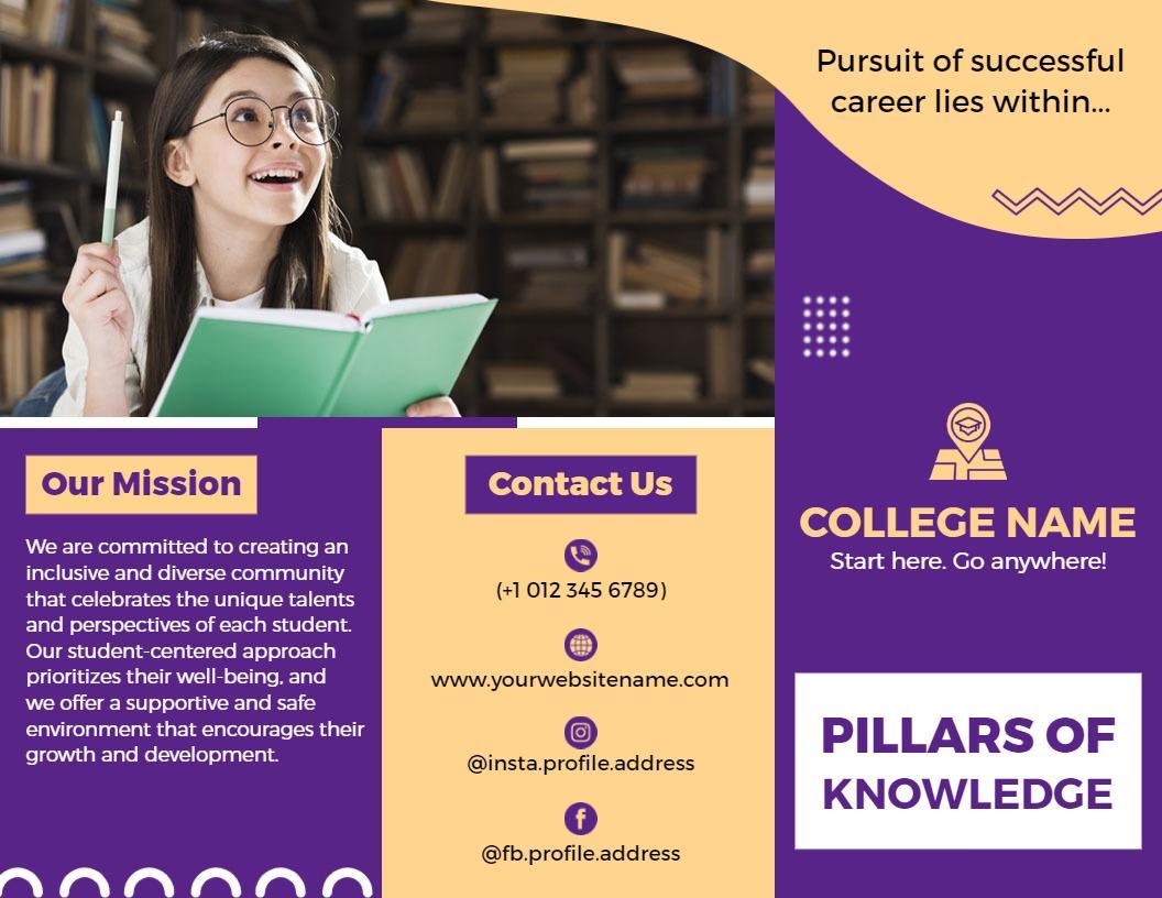 Purple Knowledge Pillars College Mission and Contact Brochure Template