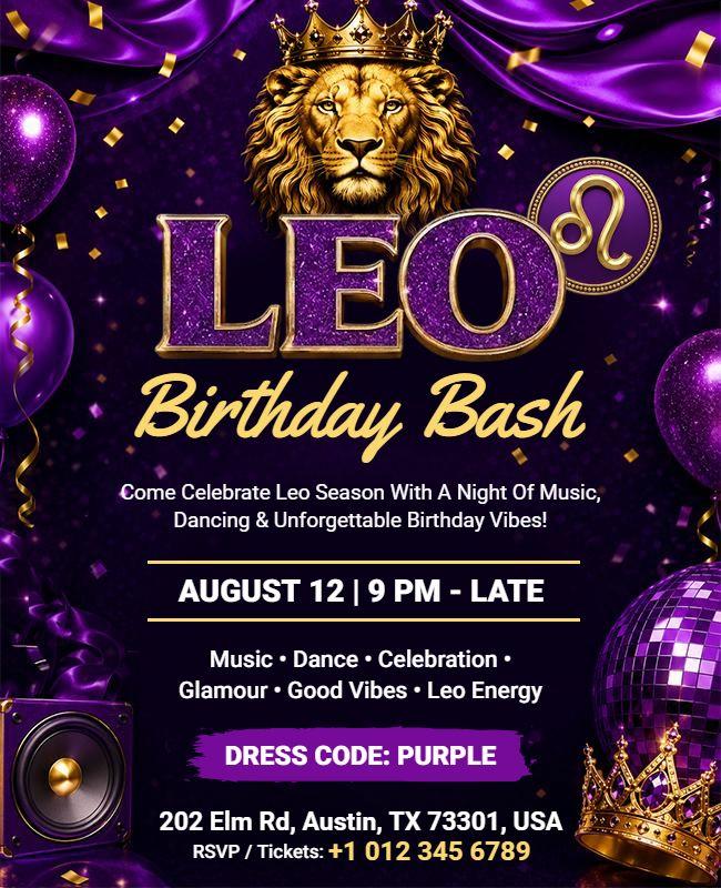 Purple Leo Birthday Bash Event Flyer Template