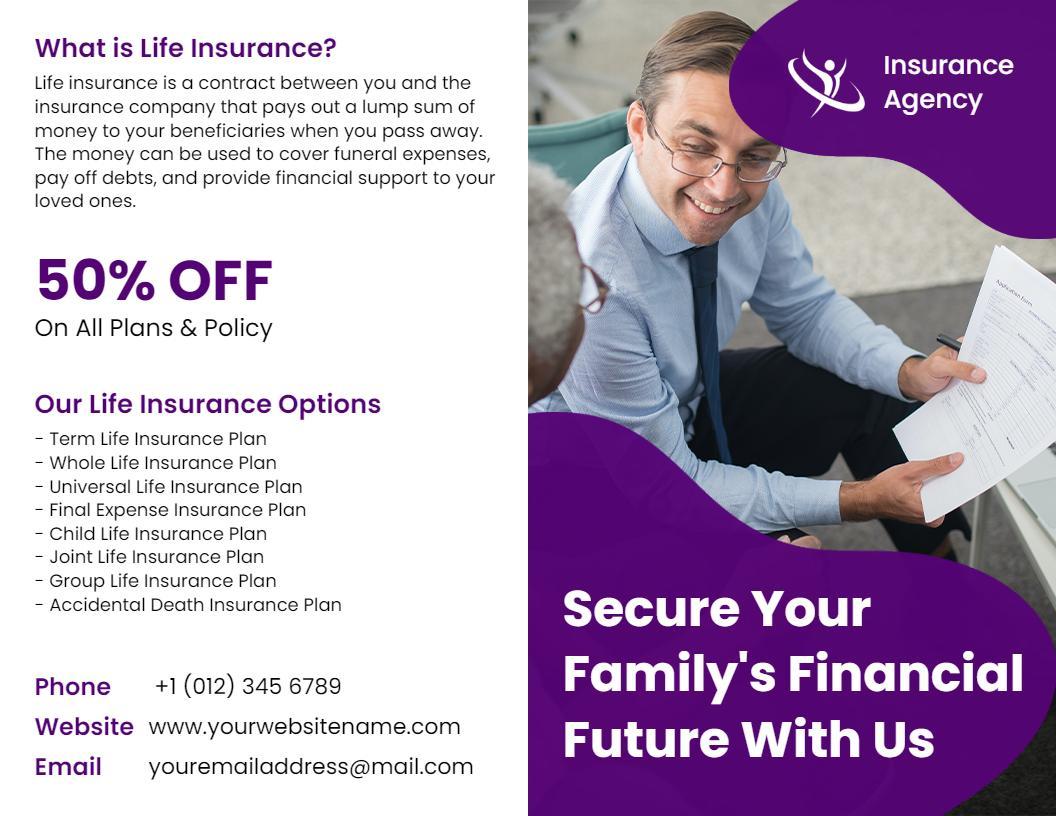 Purple Life Insurance Family Protection Plans Discount Brochure Template