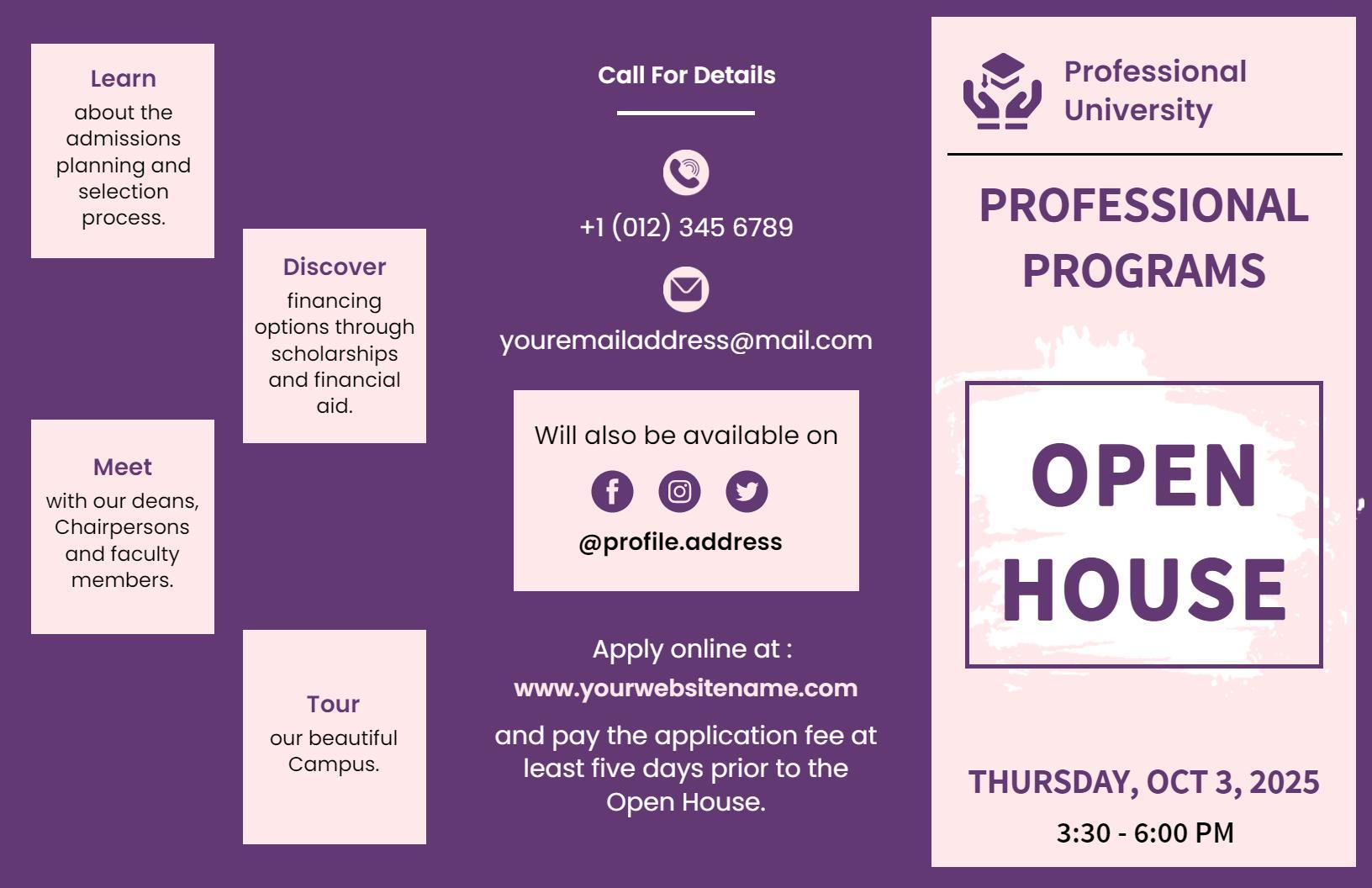 Purple Professional University Open House Programs Brochure Template