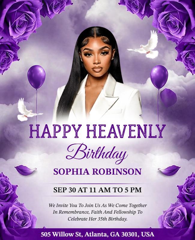 Purple Roses Themed Happy Heavenly Birthday Event Flyer Template