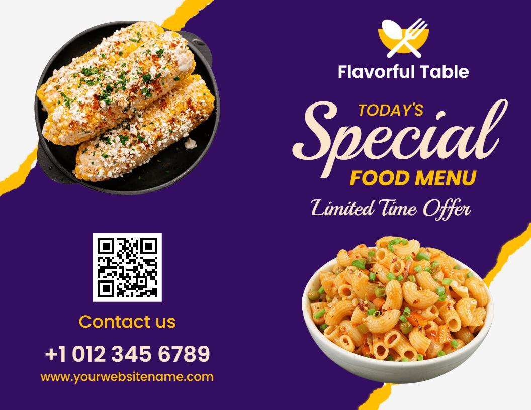 Purple Special Food Menu Offer with Pasta and Pizza Brochure Template