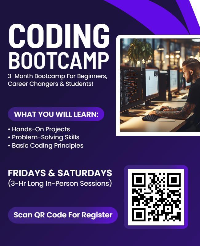 Purple Tech Coding Bootcamp Promotional Flyer Template
