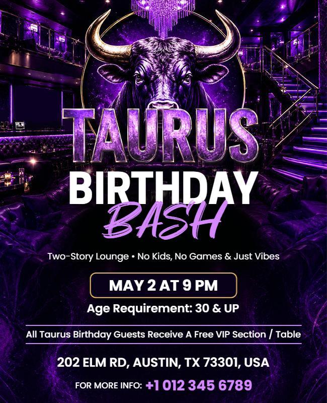 Purple Theme Taurus Birthday Bash Event Flyer Template
