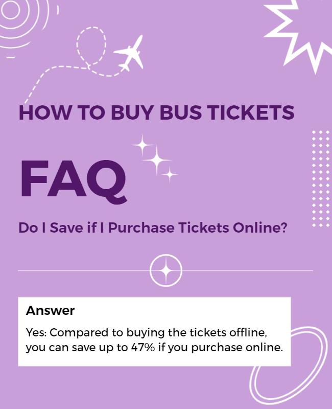 Purple Themed Online Bus Ticket Purchase FAQ Poster Template