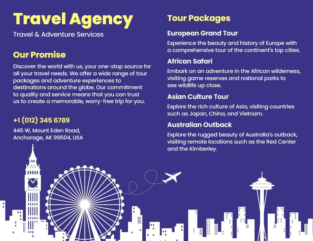 Purple Travel Agency Adventure and Tour Packages Brochure Template