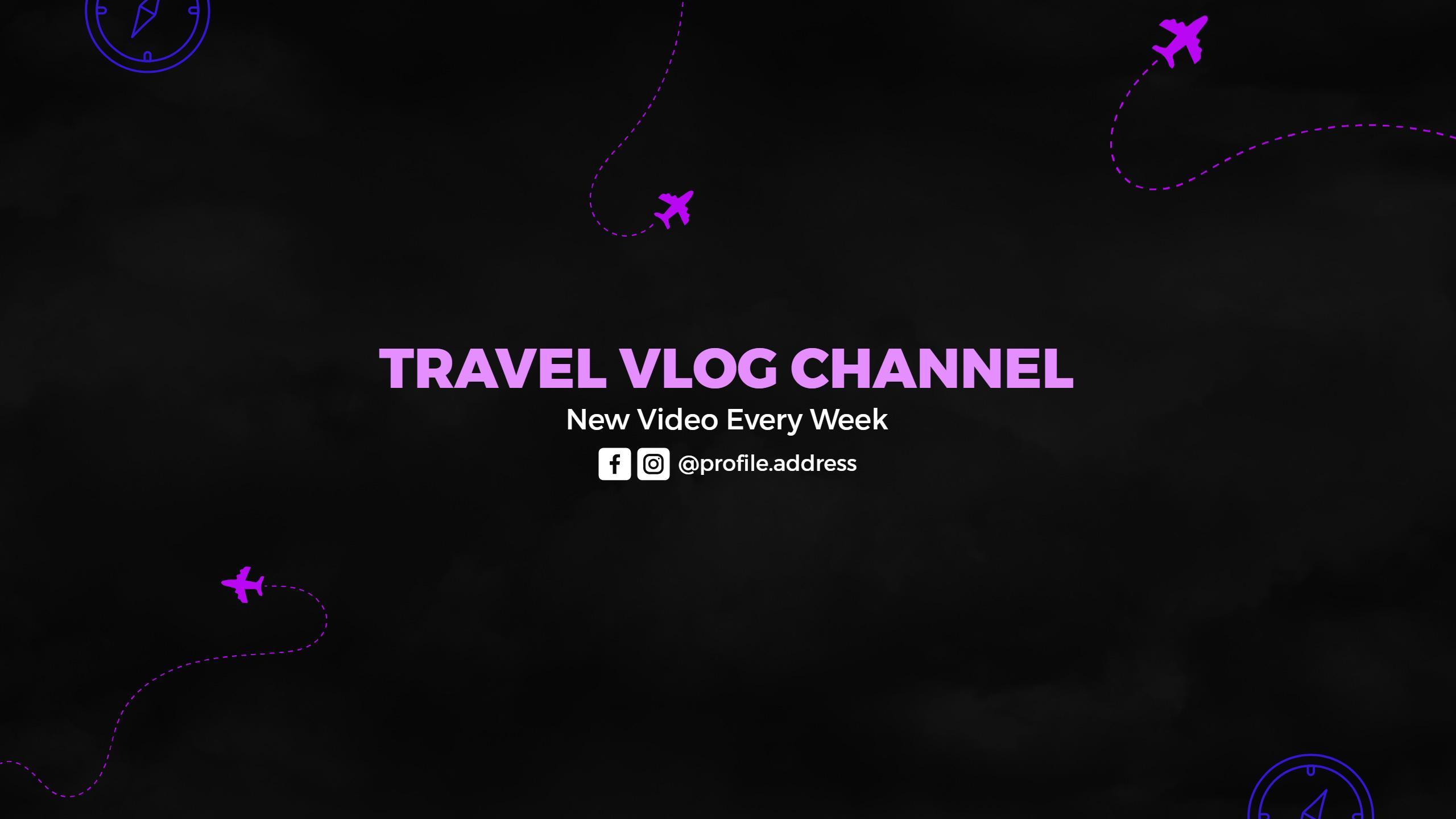 Purple Travel Vlog Channel with Airplane Icons YouTube Banner Template