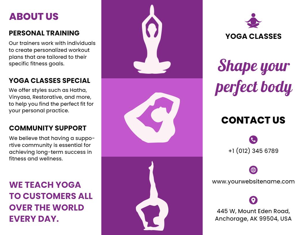 Purple Wellness Yoga Classes Personal Training and Community Support Brochure Template