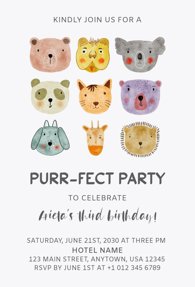 Purr-Fect Animal Theme Birthday Celebration Invitation Template
