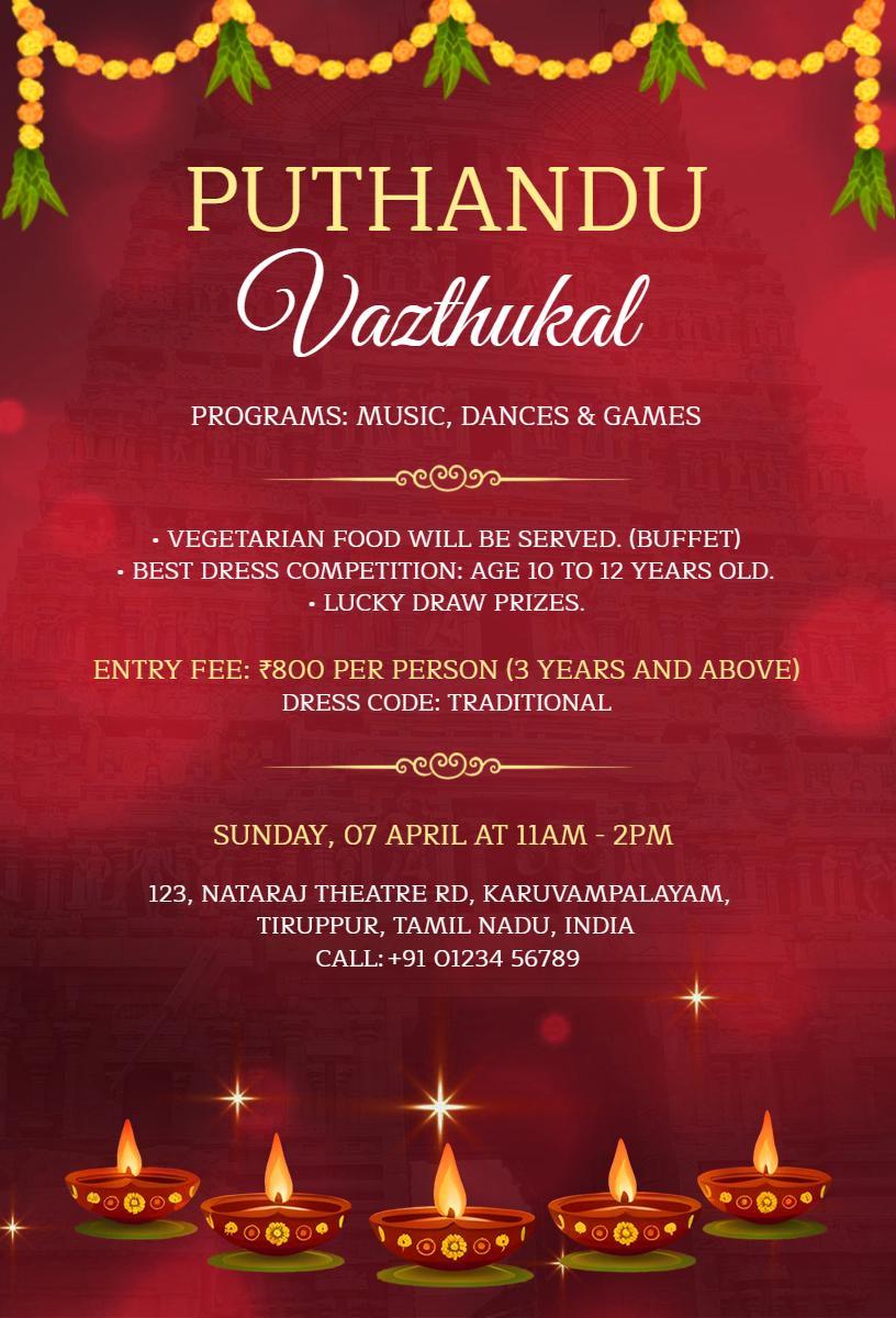 Puthandu Vazthukal Traditional Festival Celebration Invitation Template