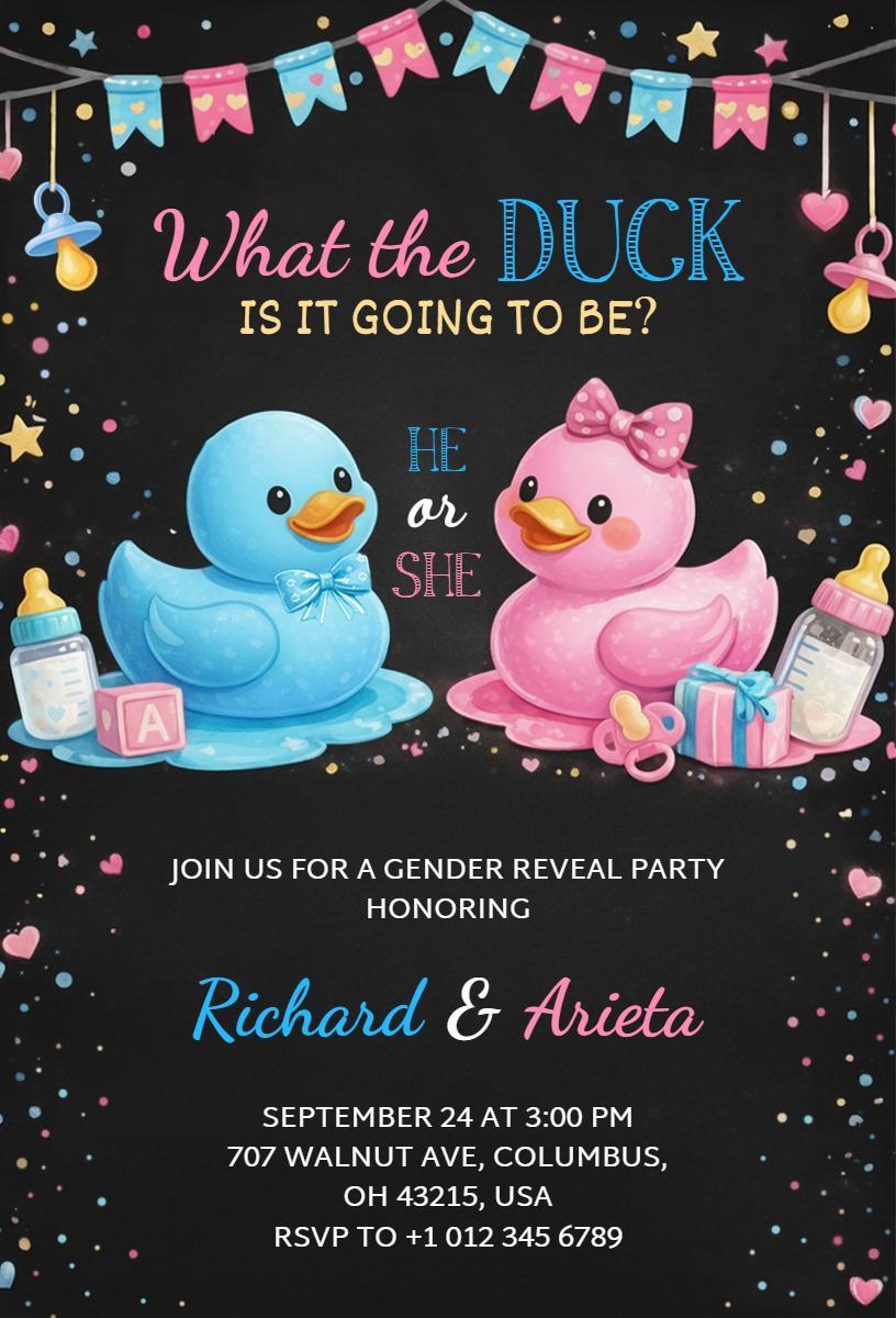 Quacky Duck Theme Fun Gender Reveal Party Invitation Template
