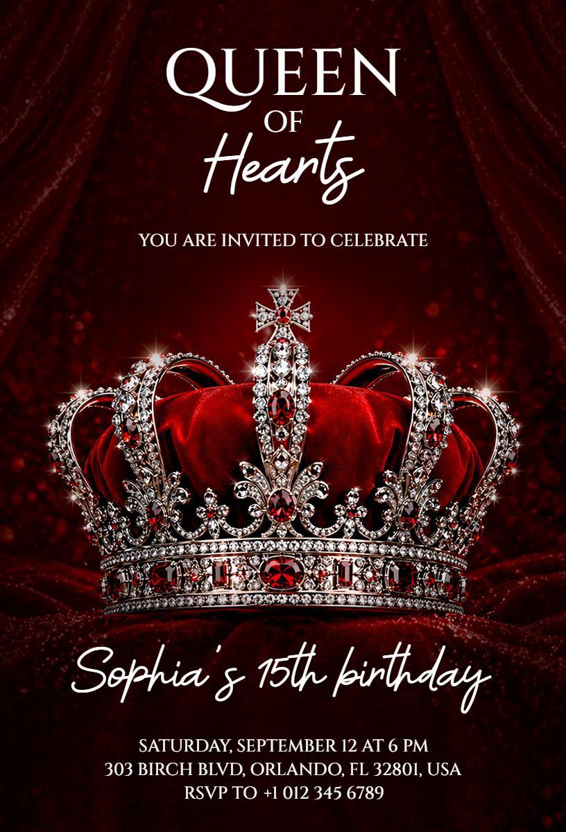 Queen of Hearts Theme Quinceanera Celebration Invitation Template