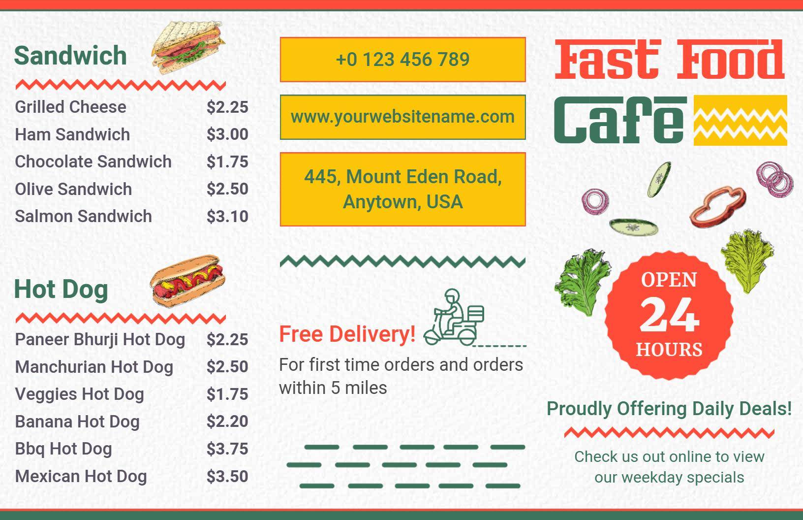 Quick Bites Featuring Sandwiches and Hot Dogs Fast Food Menu Template