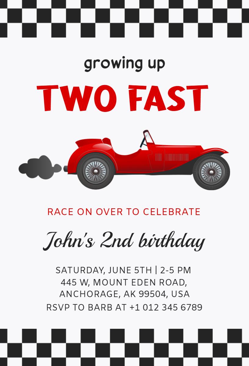 Race Car Adventure Two Fast Birthday Celebration Invitation Template
