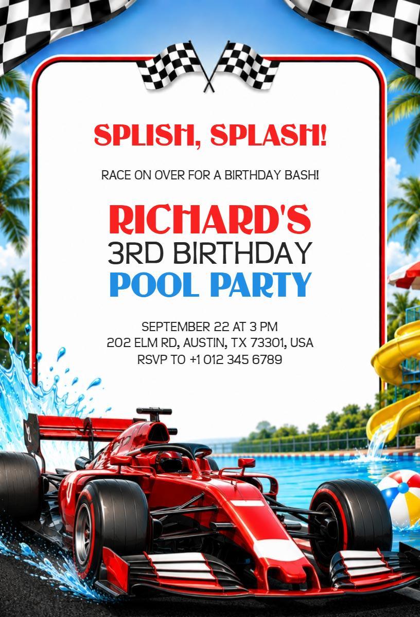 Racecar Theme 3rd Birthday Pool Party Invitation Template