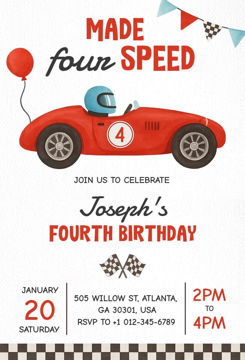 Racecar Theme Speeding into Fourth Birthday Celebration Invitation Template