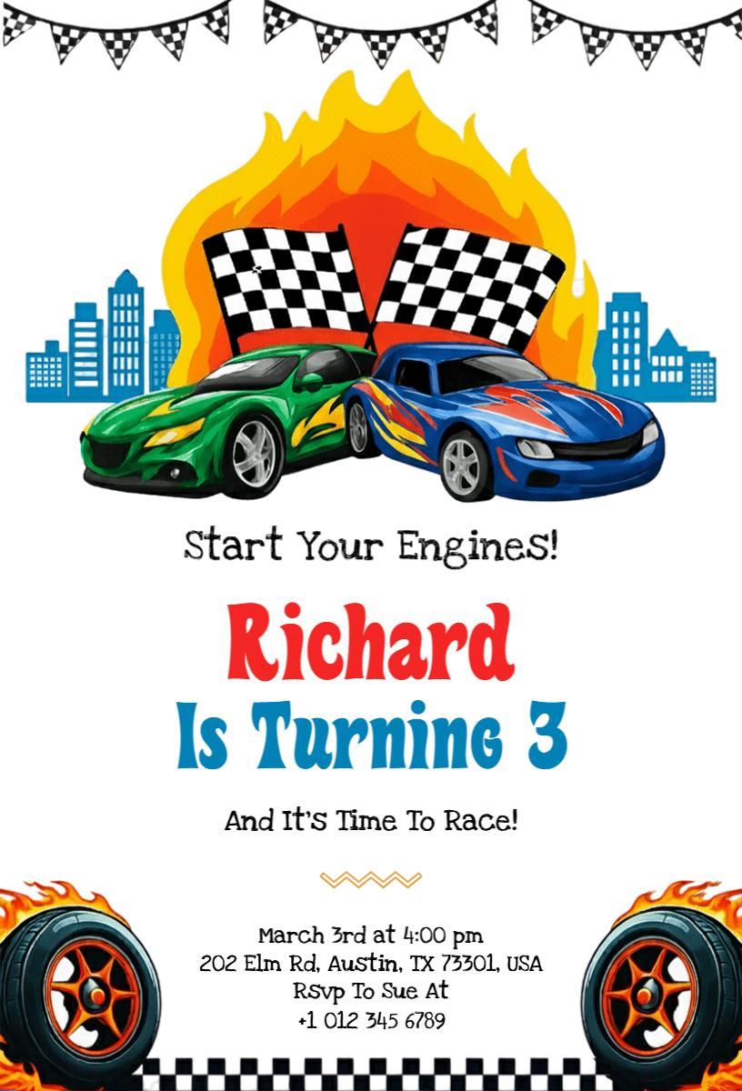 Racing Cars Thrilling 3rd Birthday Celebration Invitation Template